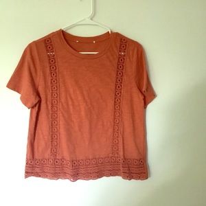 Terracotta Color Tee with Embroidered Stripes